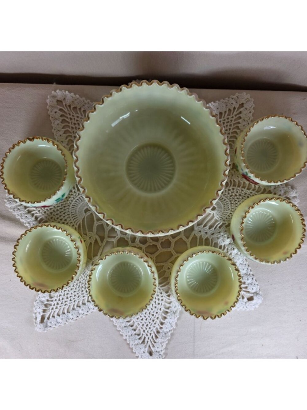 Antique Jefferson Optic Custard Glass Berry Bowl Set 7 Pc Hand Painted Roses Gol - Picture 13 of 15